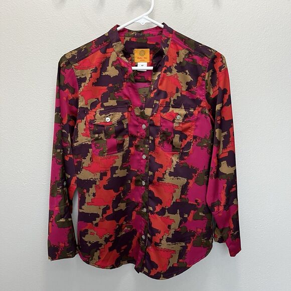 Ruby Rd | Petite Pink Purple Graphic Print Roll Tab Sleeve Button V Neck Top 4P - Picture 2 of 6